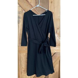 Lands End Black Faux Wrap Fit Flare Dress, Sz M, Minimal, Capsule, wedding guest